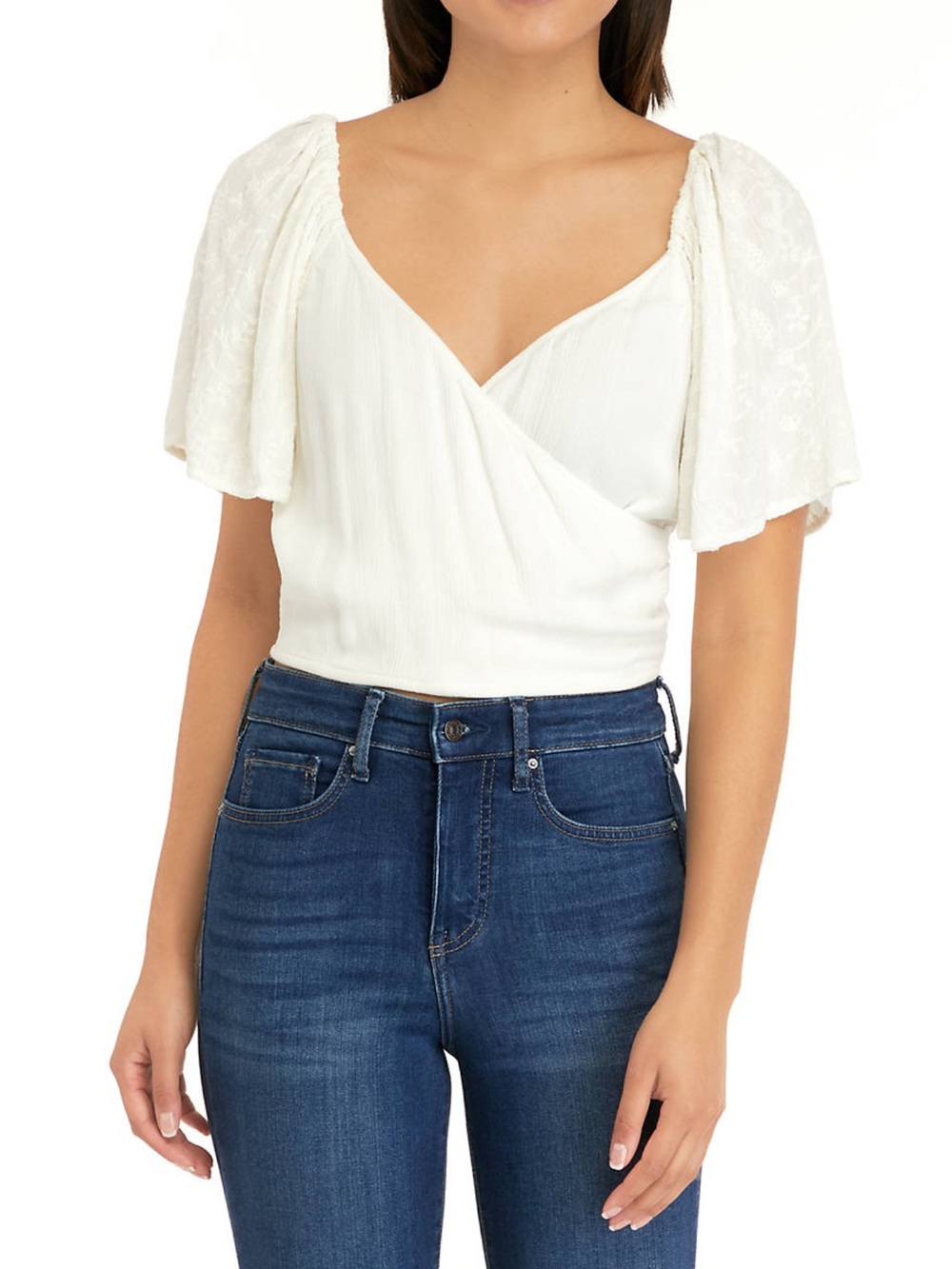 Jessica Simpson Ivory Wrap Crop Top with Flutter Sleeves